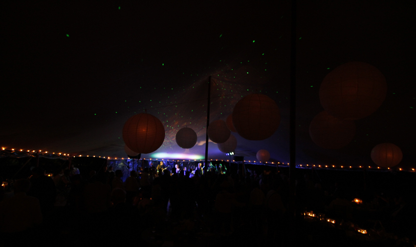 Inside a tented wedding at night